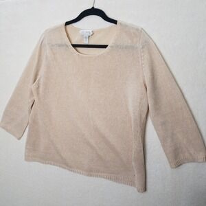 Cream Knit Top Sarah Arizona 3/4 Sleeve Pullover Sweater Linen split side‎ hem